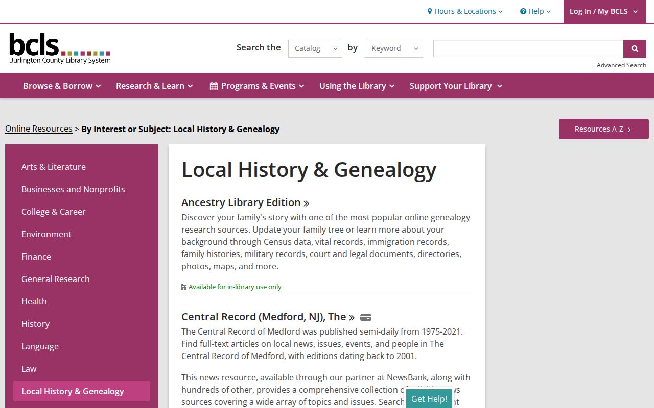 Evesham residents directory access to Burlington County Library genealogy resources