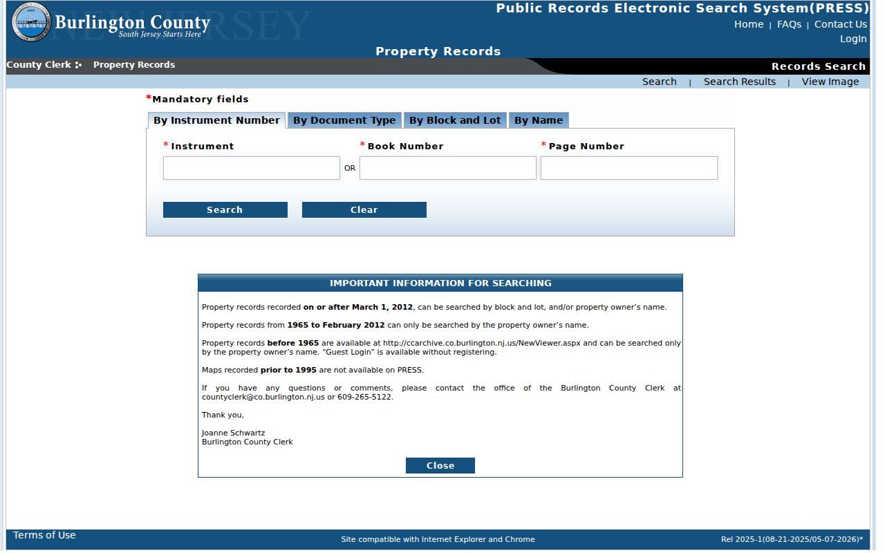 Evesham residents directory view of Burlington County PRESS deed search